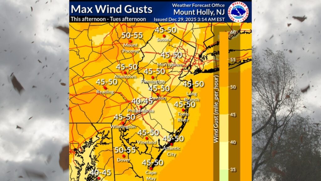 N.J. weather: Wind alerts issued for 16 counties with threat of 50 mph gusts, power outages Mostly Sunny