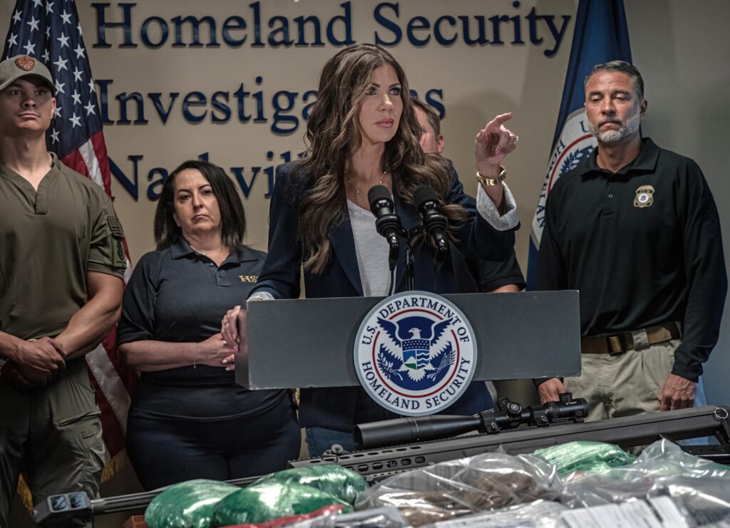 Kristi Noem out as DHS secretary; Trump to nominate Oklahoma Sen. Mullin Department of Homeland Security Secretary Kristi Noem at a Nashville press conference on July 18, 2025, to discuss arrests of immigrants during recent Immigration and Customs Enforcement sweeps. (Photo by John Partipilo/Tennessee Lookout)