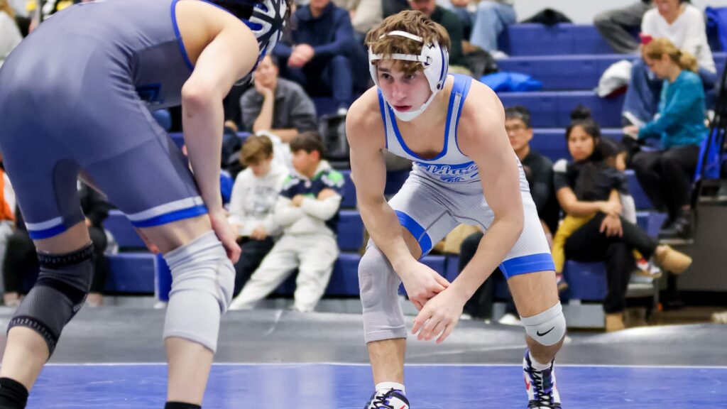 Carmine Sipper of Caldwell controls Muhammad Abuhadba of Passaic Tech during the 126 pound boys wrestling match at Passaic County Technical Institute in Wayne, NJ on Friday February 6, 2026.