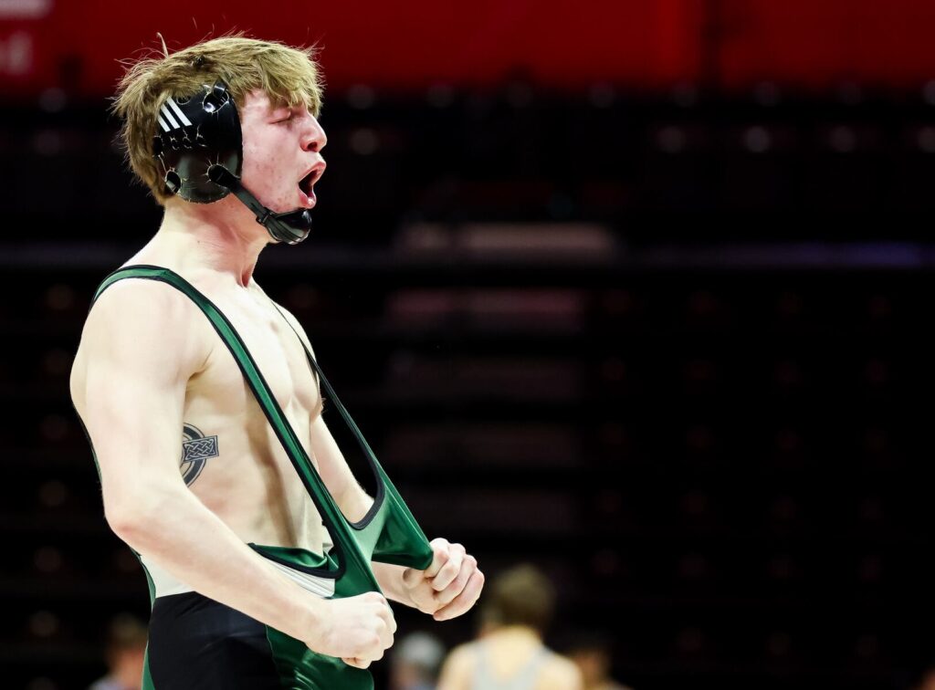 Sammy Spaulding of Camden Catholic celebrates after pinning Sal D’Arco of Pope John during the 132 pound NJSIAA Non-Public B Final at Jersey Mikes Arena in Piscataway NJ on Sunday, February 22, 2026.