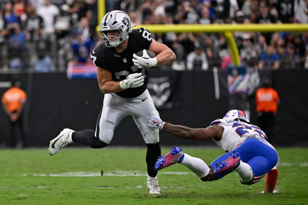 Buffalo Bills safety C.J. Gardner-Johnson was ejected from Sunday’s game against the Las Vegas Raiders after an incident involving tight end Brock Bowers. (AP Photo/David Becker)