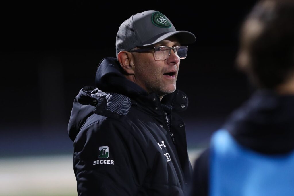 Delbarton head coach David Donovan directs his team against Madison during the boys soccer Morris County Tournament final at Roxbury High School in Succasunna, NJ on Saturday, October 26, 2024.
