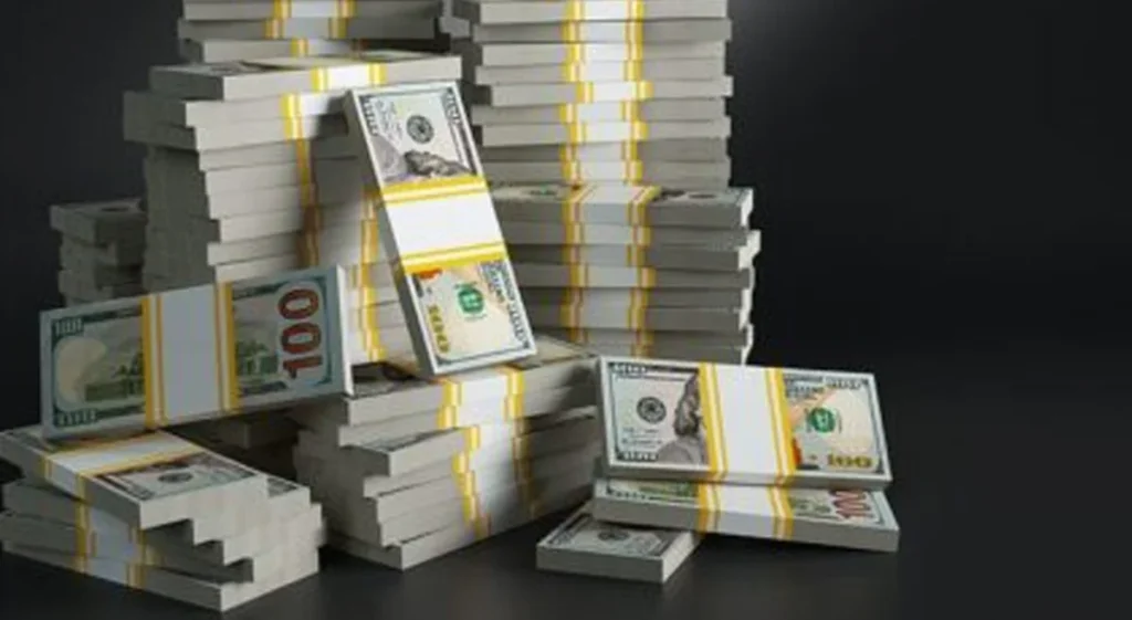 Batches with dollars. Heaps of paper money packs. Million jackpot winning in lottery, symbol of riches and luxury. American (usa) dollar currency. Finances and banking concept. 3d rendered raster.