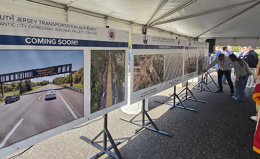 SJTA breaks ground on $400M Atlantic City Expressway widening project The three-phase Atlantic City Expressway widening project, pictured here at the ground breaking event on poster boards, will expand the roadway to three lanes.