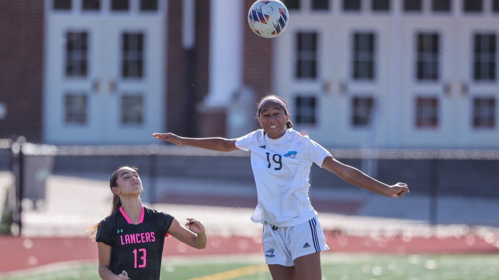 Morgan Abramson (13) and Omolola Kalejaye (19) of West Orange compete for the ball during the first half of the Essex County girls soccer final, Saturday, Oct. 26, 2024 in Livingston, N.J.