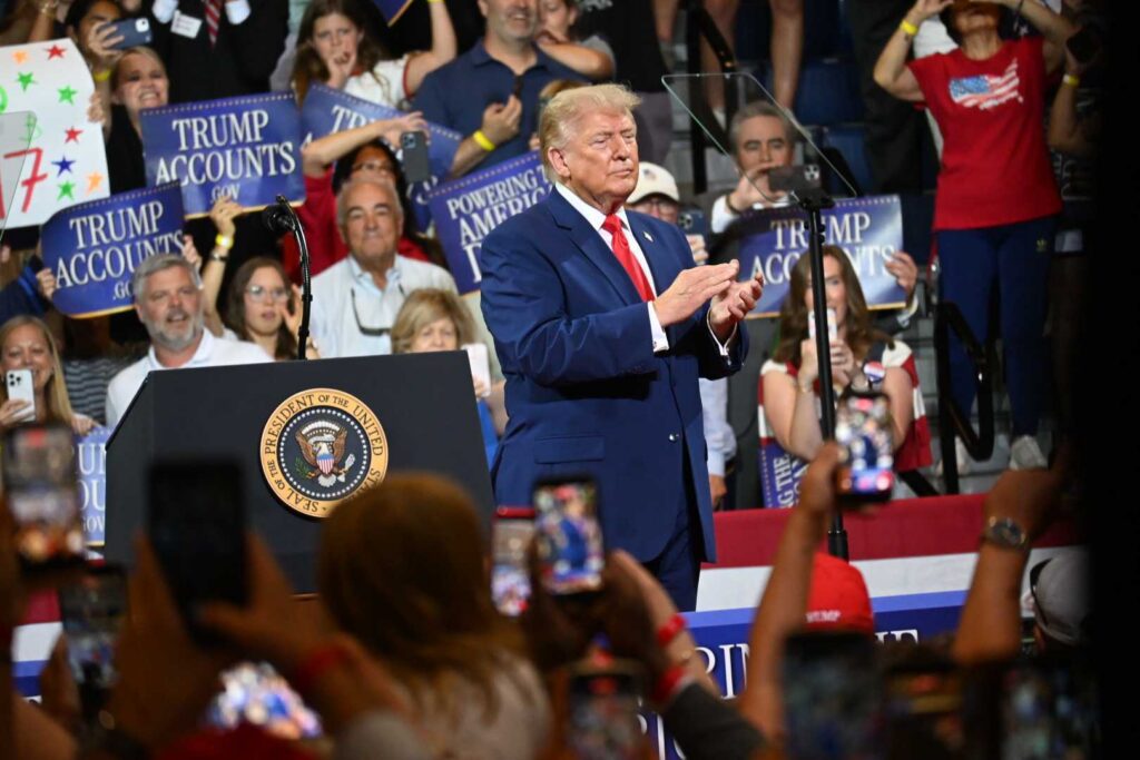 Trump auto-enrolls 10s of millions in child investment accounts President Donald Trump speaks at Wheeler High School near Marietta, Georgia, on July 22, 2026. Trump spoke about Trump accounts for children and railed against his political opponents. (Photo by Ross Williams/Georgia Recorder)