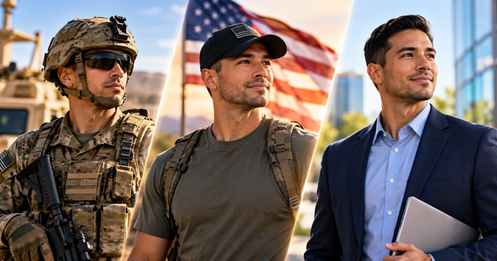 Your Military-to-Civilian Transition: To-Do │U.S. Veterans Magazine Man wearing professional clothes, a military uniform and carrying a backpack in separate scenes