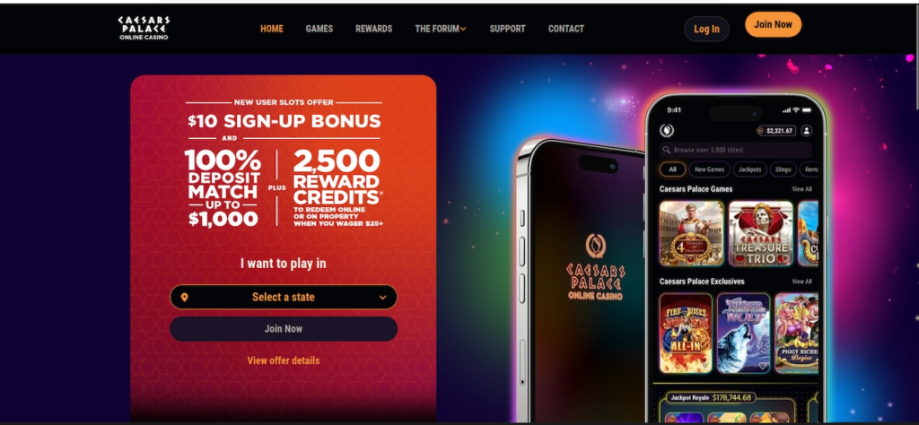 Caesars Palace Casino welcome offer including $10 sign-up bonus